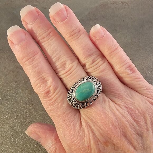 Bali Flower Scroll Green Turquoise Sterling Silver Statement Ring - Picture 5 of 9